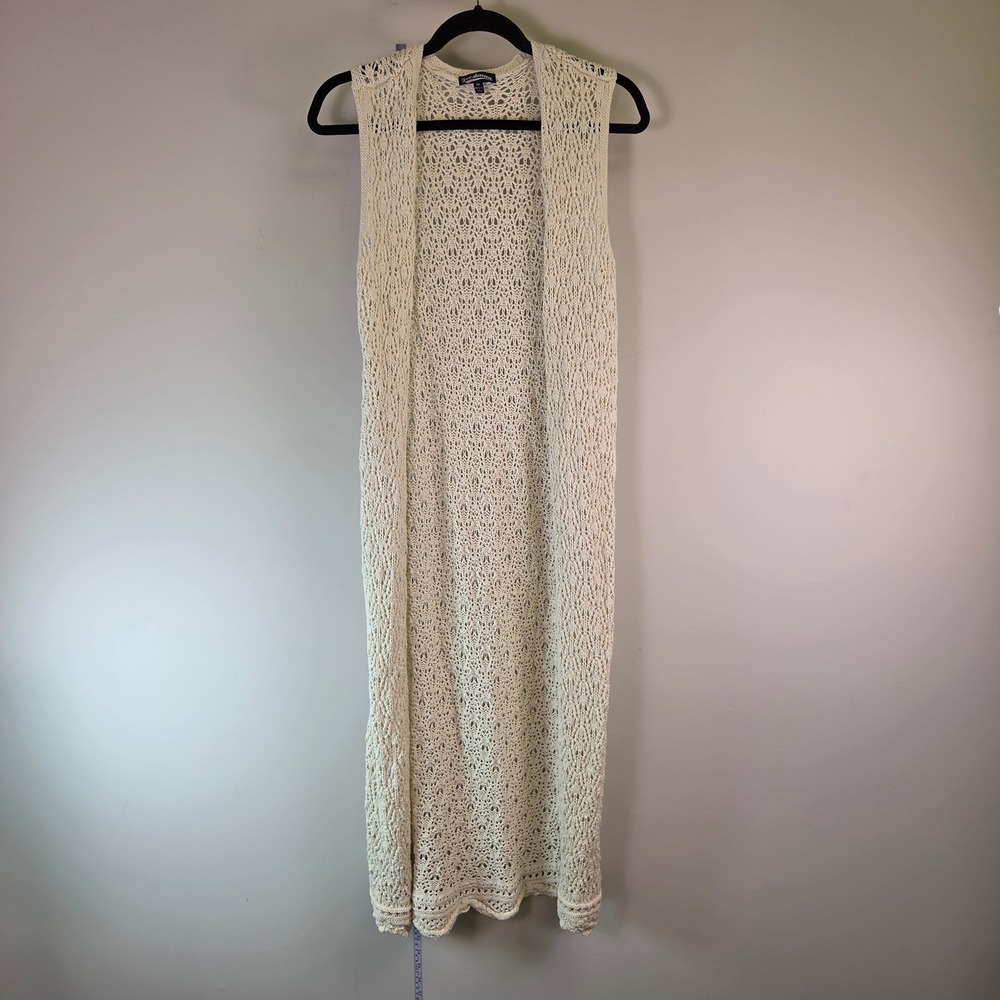 Free American Cream Crochet Open Knit Longline Duster Vest Sleeveless Cardigan